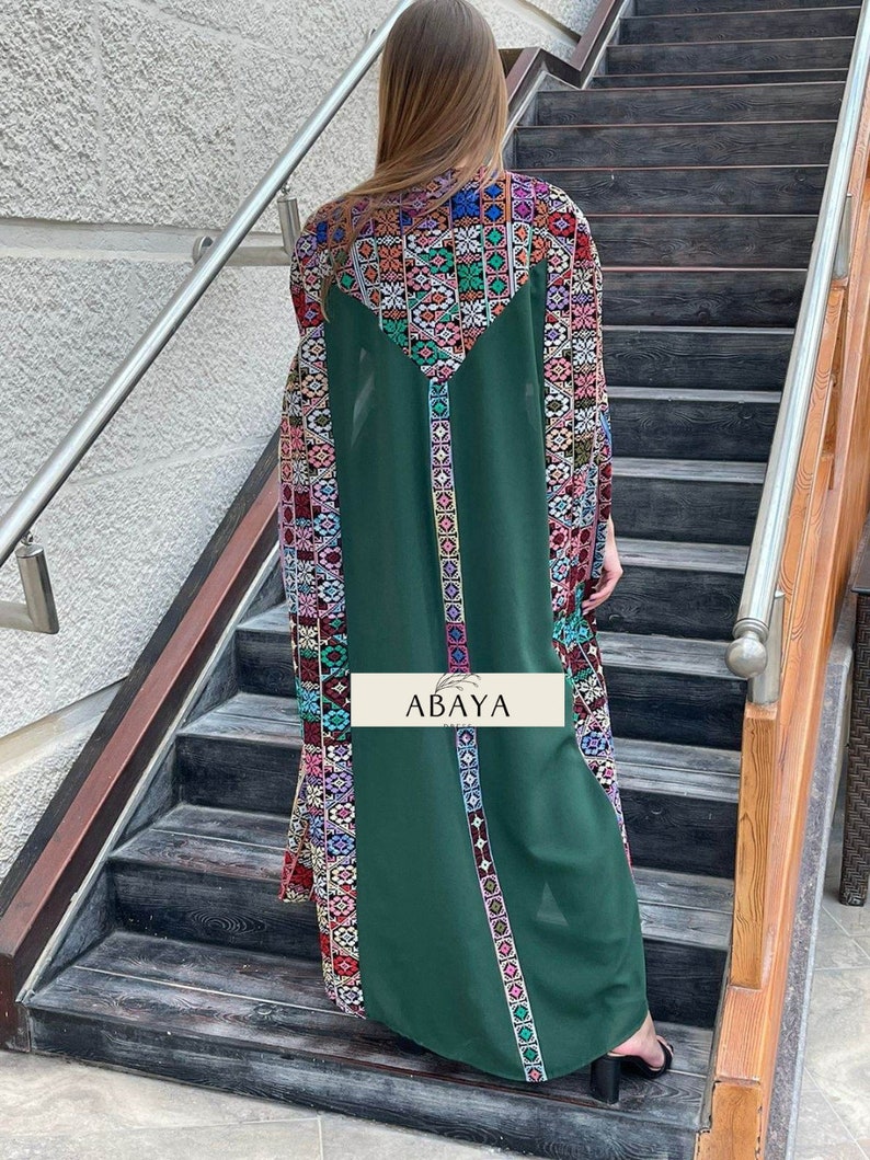 Bishet Thobe Abaya, Palestinian Abaya Dress Fringe Hem Embroidered Open Abaya Long Sleeve bishet image 7