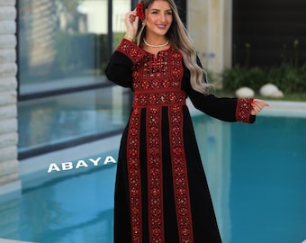 Palestinian Kaftan Thobe Thob Embroidery Black with Red Tatreez Stripes