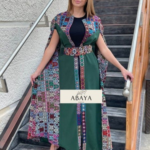 Bishet Thobe Abaya, Palestinian Abaya Dress Fringe Hem Embroidered Open Abaya Long Sleeve bishet Dark green