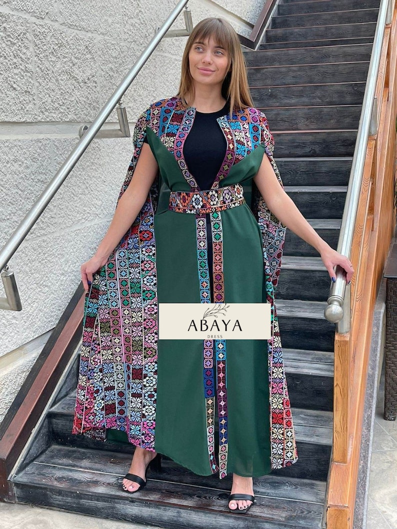 Bishet Thobe Abaya, Robe abaya palestinienne Ourlet à franges brodé Abaya ouverte à manches longues Bishet Dark green
