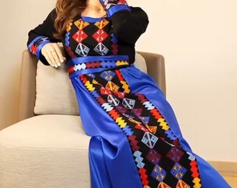 The Queen's dress is raw-Stan Jessica- Dress, Traditional Arabic Thobe Jordanian Embroidered  Abaya Black And Blue Amazing