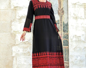 Embroidered Palestinian/Jordanian Maxi Dress - Long Sleeves Kaftan Inspired by Palestinian Culture