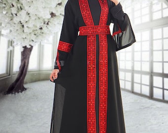 Bishet Thobe Abaya, bisht arabe traditionnel palestinien brodé abaya ouvert noir et rouge incroyable bisht transparent