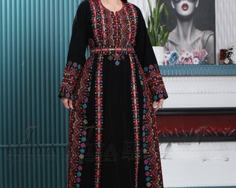 Palestinian Embroidered Thawb - Dress . Embroidered Palestinian/Jordanian Maxi Dress - Long Sleeves Kaftan Inspired by Palestinian Culture