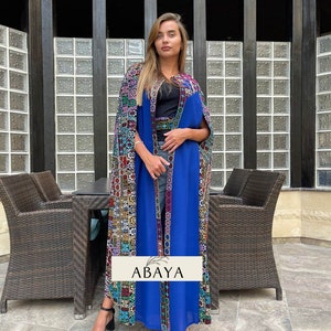 Bishet Thobe Abaya, Palestinian Abaya Dress Fringe Hem Embroidered Open Abaya Long Sleeve bishet Blue