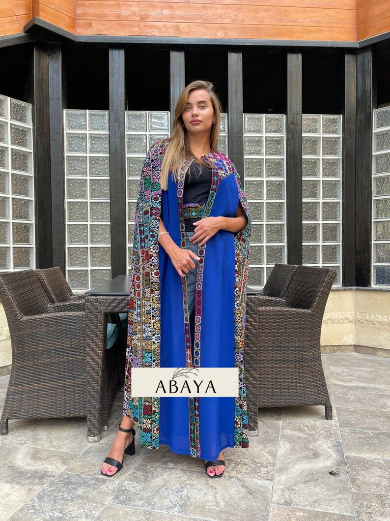 Bishet Thobe Abaya, Palestinian Abaya Dress Fringe Hem Embroidered Open Abaya Long Sleeve bishet Blue