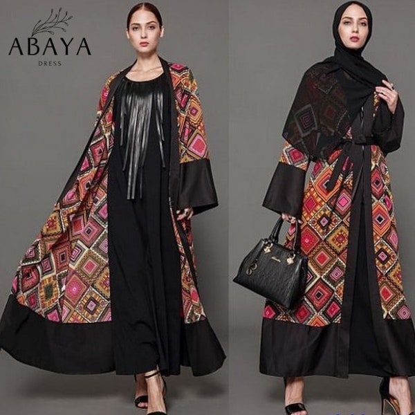 Abaya new fashion robe printed retro contrast cardigan  bisht cardiga