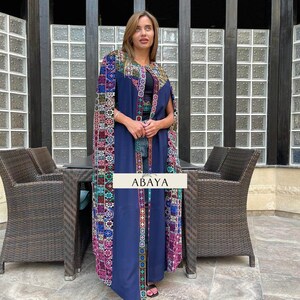 Bishet Thobe Abaya, Palestinian Abaya Dress Fringe Hem Embroidered Open Abaya Long Sleeve bishet image 9