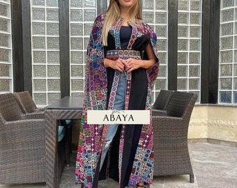 Bishet Thobe Abaya, Robe abaya palestinienne Ourlet à franges brodé Abaya ouverte à manches longues Bishet