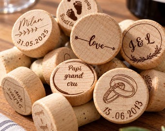 Bouchon de bouteille de vin personnalisé en bois et liège, idée cadeau pour amateur de vin.