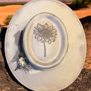 Golf/Boater Custom Vegan Suede |Sunflower Hat|  Custom Hand Burned Hat | Western Hand Burned Hat| Boho Hat  **FREE SHIPPING**