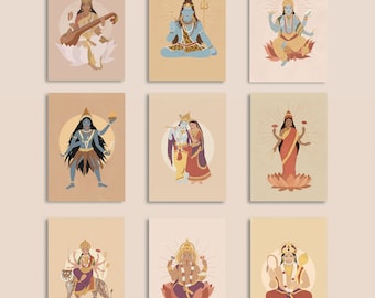 Hindoeïstische godheden Set van 9 kunstafdrukken, Lakshmi, Kali, Saraswati, Shiva, Durga, Ganesha, Radha, Krishna, Vishnu, Hanuman