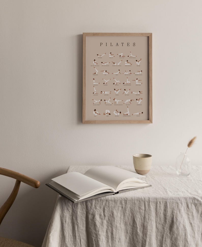 Peut inclure: Une affiche encadr&eacute;e avec le mot "PILATES" en haut et des illustrations de diff&eacute;rents exercices de pilates. L'affiche est accroch&eacute;e &agrave; un mur beige clair au-dessus d'une table avec un livre et une tasse.