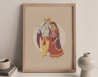 Kunst aan de muur Krishna en Radha, hindoeïstische kunstwerken ingelijste A5 A4 A3, hindoeïstische god illustratie, Krishna poster, hindoeïstische god afdrukken, Rahda illustratie