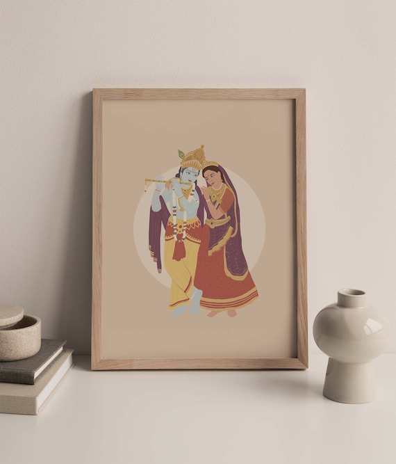 Krishna and Radha wall art, Hindu artwork unframed A5 A4 A3, Hindu God Illustration, Krishna poster, Hindu god print, Rahda illustration