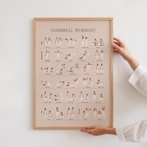 May include: A framed poster titled DUMBBELL WORKOUT featuring a grid of illustrations showing various exercise movements with dumbbells. The poster has a light beige background with dark text and small figures demonstrating workout routines.