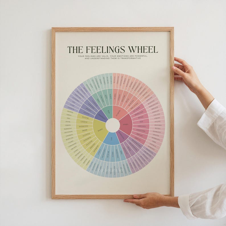 May include: A framed print with a colorful wheel chart titled "The Feelings Wheel". The text below the title reads "Your feelings are valid, your emotions are powerful and understanding them is transformative."