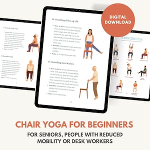 May include: Digital download of a chair yoga guide for beginners. The guide features illustrations of yoga poses, including standing side leg lifts and heel raises, with instructions. Text at the bottom reads "Chair Yoga for Beginners".