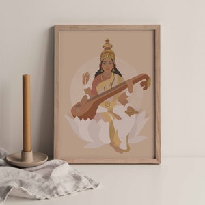 Saraswati, Goddess illustration A5 A4 A3, Hindu Goddess, India artwork, Hindu Illustration, Saraswati Goddess, Saraswati Poster