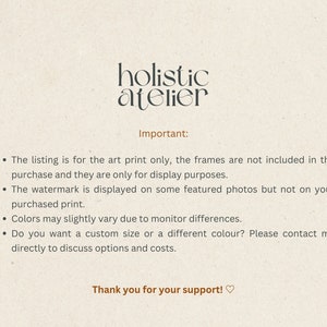 May include: Cream-colored background with the text "holistic atelier" in an elegant font. Below, the word "Important:" introduces a list of details about the art print, including display purposes and custom options. The text ends with "Thank you for your support!"