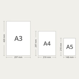 Op de afbeelding: Diagram met de afmetingen van drie standaard papierformaten: A3, A4 en A5. A3 is 420 mm bij 297 mm, A4 is 297 mm bij 210 mm en A5 is 210 mm bij 148 mm.