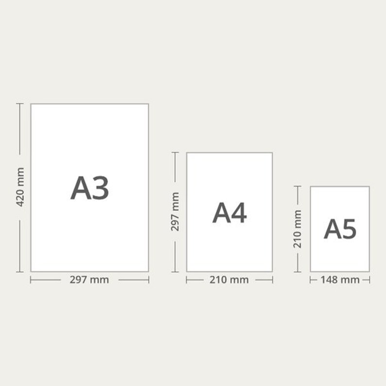 Op de afbeelding: Diagram met de afmetingen van drie standaard papierformaten: A3, A4 en A5. A3 is 420 mm bij 297 mm, A4 is 297 mm bij 210 mm en A5 is 210 mm bij 148 mm.