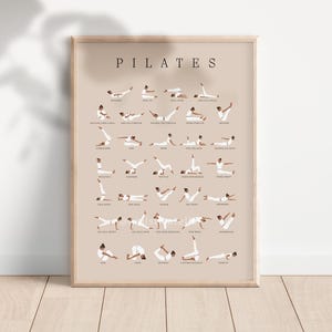 Peut inclure: Une affiche imprimable beige avec le mot "PILATES" en noir en haut. L'affiche pr&eacute;sente une s&eacute;rie d'illustrations de personnes effectuant diff&eacute;rents exercices de pilates.