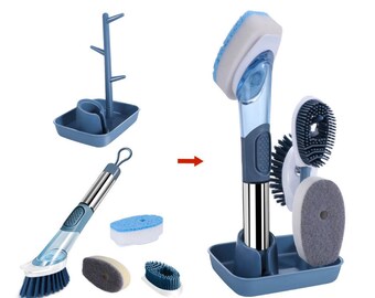 Brosse Vaisselle Avec Distributeur De Savon 6 pcs Et Support Luxeproduct - Poignée Antidérapante Multifonctionnel Bleu