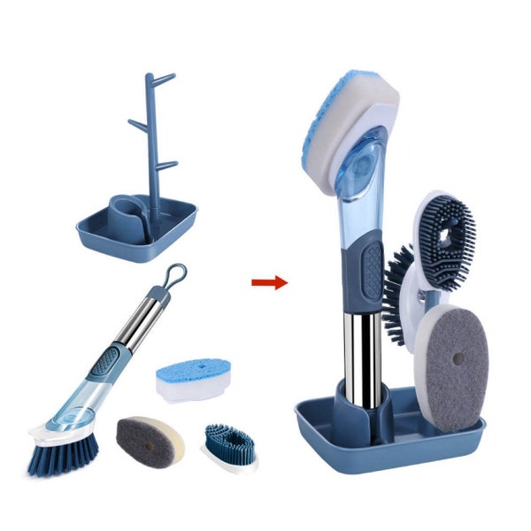 Brosse Vaisselle Avec Distributeur De Savon 6 pcs Et Support Luxeproduct - Poignée Antidérapante Multifonctionnel Bleu