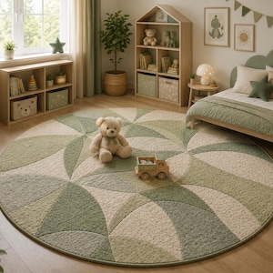 May include: A round area rug with a geometric leaf pattern in shades of green and beige. A teddy bear and a wooden toy truck are on the rug. The room also features a bed, bookshelf, and other children's decor.