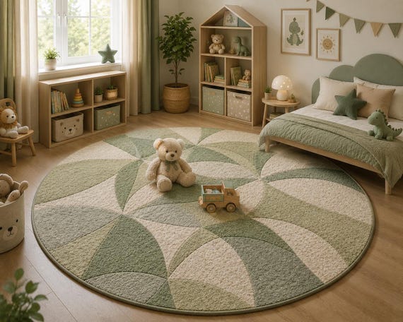 Round Green Area Rug, Leaf Pattern Rug, Nature Inspired Carpet, Modern Botanical Rug, Living Room Decor, Soft Plush Circular Rug, Eco Style