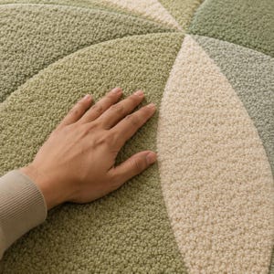 May include: A close-up of a round rug with a textured surface. The rug features a pattern of segmented shapes in shades of green and cream. A hand rests on the rug, showing the texture.