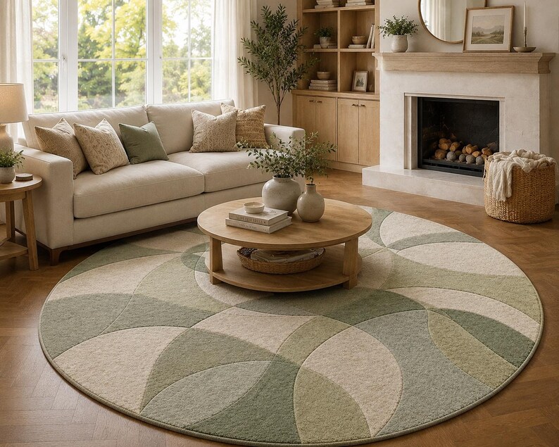 May include: A large, round area rug with a geometric pattern in shades of green and beige dominates the living room. A beige sofa with decorative pillows sits in front of a large window. A wooden coffee table and side table complete the cozy, inviting space.