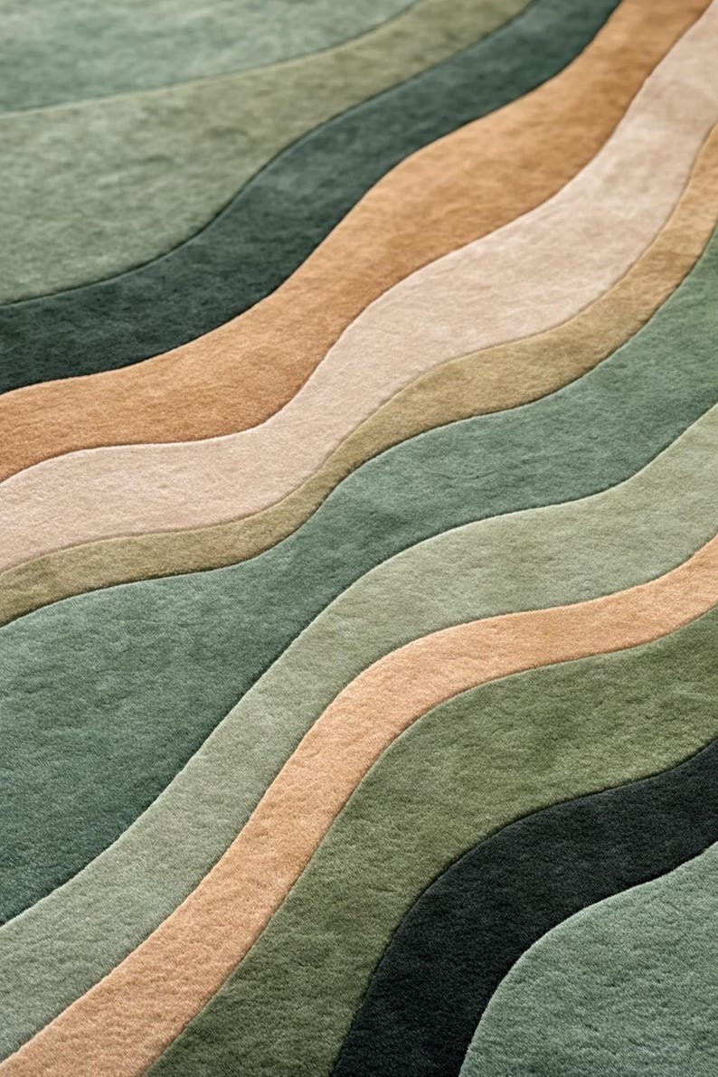 Pu&ograve; includere: Primo piano di un tappeto con un design ondulato in tonalit&agrave; di verde, beige e marrone chiaro. Il tappeto ha una consistenza morbida e soffice, con i colori che si fondono in un effetto sfumato. Il design ricorda colline o terreni a strati.