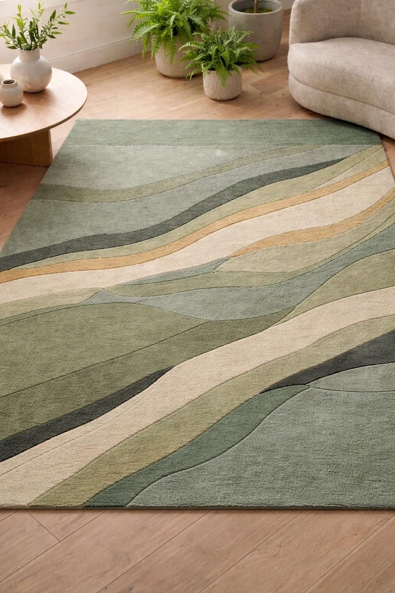 Tappeto astratto verde, tappeto moderno ispirato alla natura, tappeto verde salvia per soggiorno, tappeto contemporaneo con motivo ondulato, tappeto da pavimento in stile botanico immagine 4
