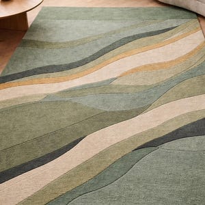 Tappeto astratto verde, tappeto moderno ispirato alla natura, tappeto verde salvia per soggiorno, tappeto contemporaneo con motivo ondulato, tappeto da pavimento in stile botanico immagine 5