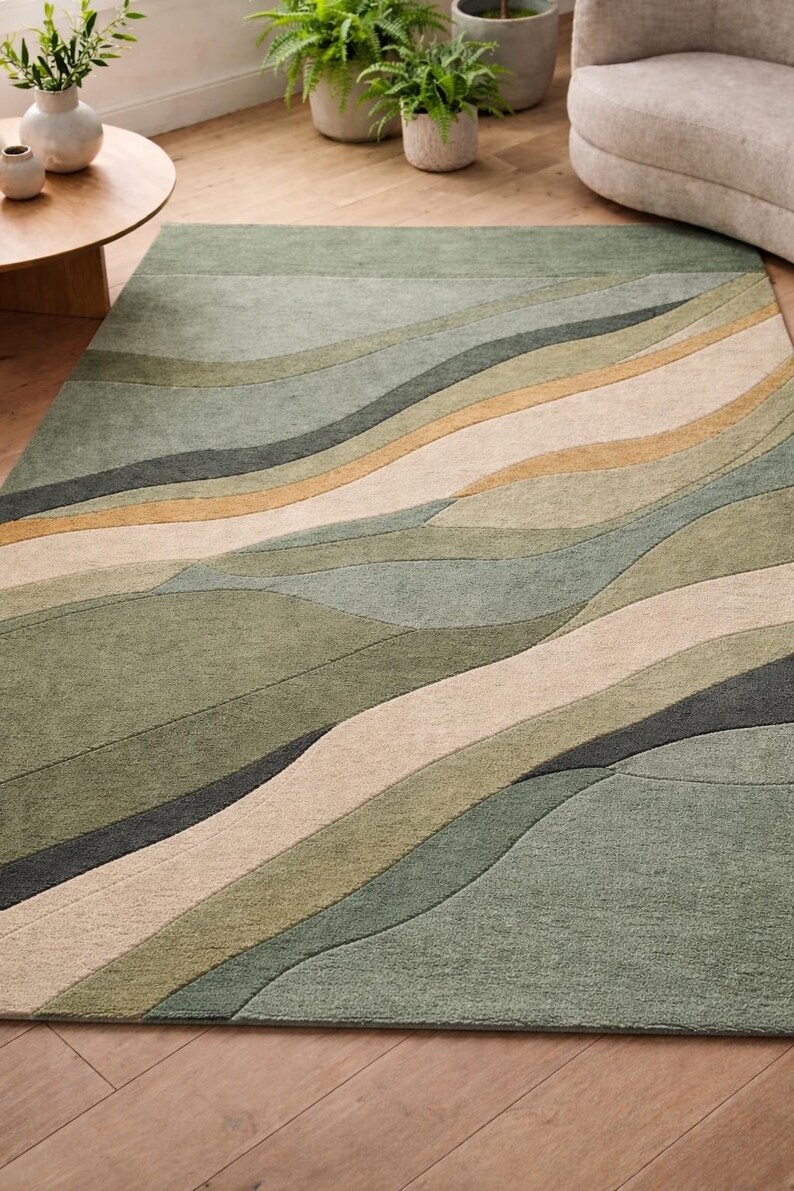 Tappeto astratto verde, tappeto moderno ispirato alla natura, tappeto verde salvia per soggiorno, tappeto contemporaneo con motivo ondulato, tappeto da pavimento in stile botanico immagine 5