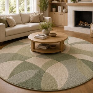 May include: A large, round area rug with a geometric pattern in shades of green, beige, and gray. The rug is placed in a living room setting, with a sofa, coffee table, and fireplace visible in the background.