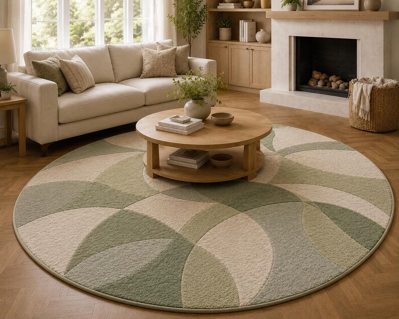 May include: A large, round area rug with a geometric pattern in shades of green, beige, and gray. The rug is placed in a living room setting, with a sofa, coffee table, and fireplace visible in the background.