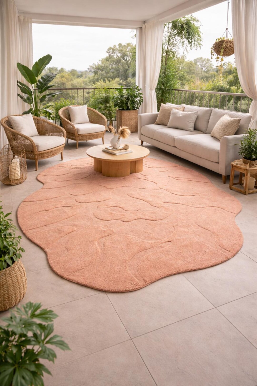Peach Abstract Rug Peach Round Area Rug | Irregular Abstract Rug | Boho Balcony Rug ...