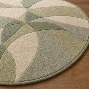 May include: A round rug with a geometric pattern in shades of green and cream. The rug has a textured surface and a solid green border. The design features overlapping curved shapes, creating a modern and stylish look.