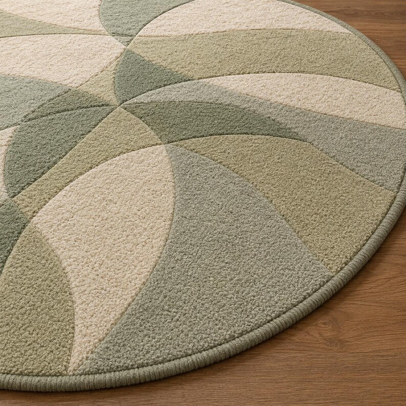 May include: A round rug with a geometric pattern in shades of green and cream. The rug has a textured surface and a solid green border. The design features overlapping curved shapes, creating a modern and stylish look.