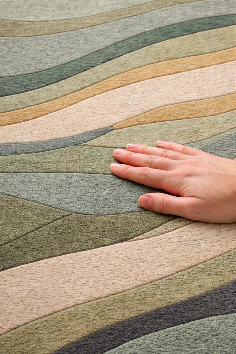 Pu&ograve; includere: Primo piano di un tappeto con un motivo a onde nei toni del verde, beige e grigio. Il tappeto ha un aspetto morbido e strutturato. Una mano &egrave; appoggiata sul tappeto, mostrando la consistenza e il tatto del materiale.