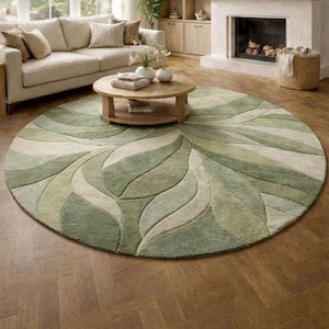 Round Green Area Rug, Leaf Pattern Rug, Nature Inspired Carpet, Modern Botanical Rug, Living Room Decor, Soft Plush Circular Rug, Eco Style