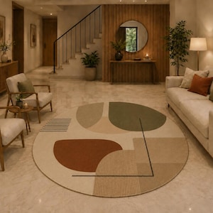 May include: A large circular area rug featuring a cream background with abstract geometric shapes in olive green, terracotta, and tan. The design includes thin black line accents and a series of parallel black stripes on one side of the rug.