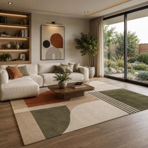 May include: A modern living room with a cream-colored sectional sofa, a wooden coffee table, and a large area rug with geometric patterns in shades of green, orange, and beige. A large abstract art piece hangs on the wall.