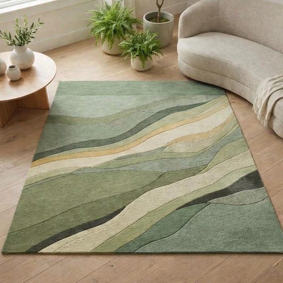 Green Abstract Area Rug, Modern Nature Inspired Rug, Sage Green Living Room Rug, Wavy Pattern Contemporary Carpet, Botanical Style Floor rug
