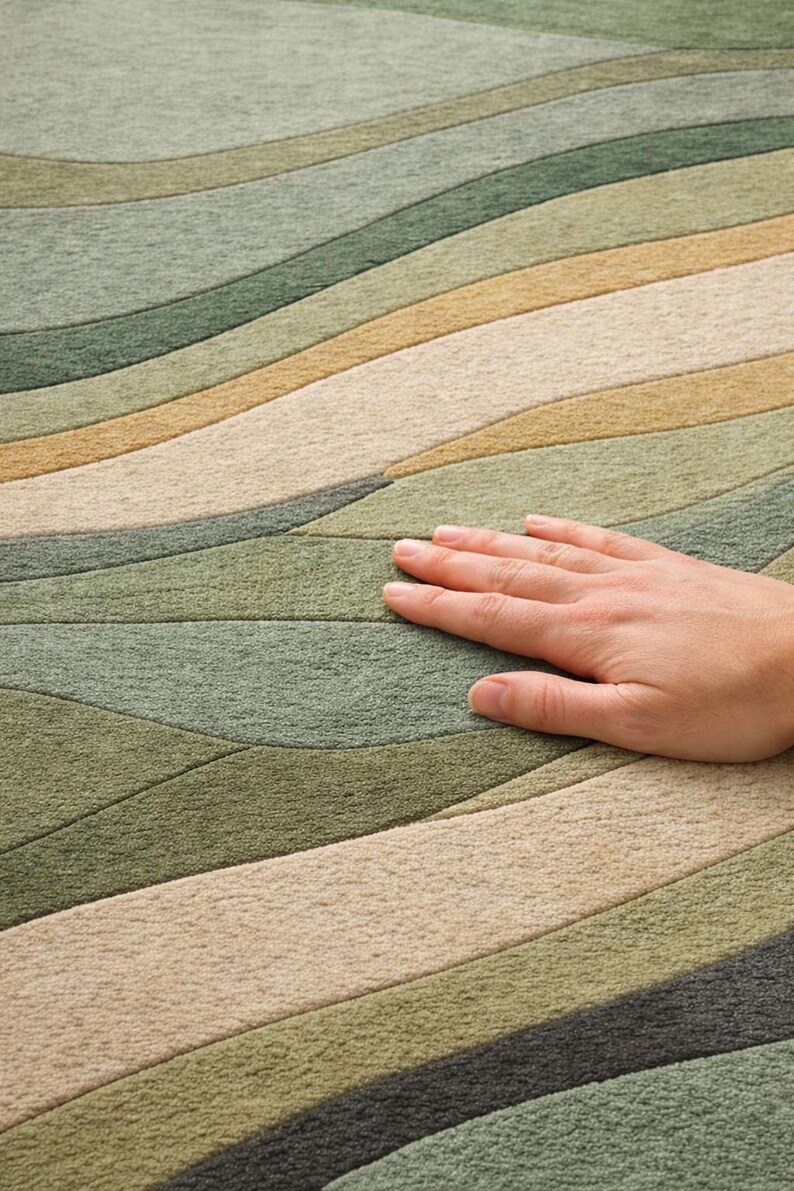 Pu&ograve; includere: Primo piano di un tappeto con un motivo a onde nelle tonalit&agrave; del verde, beige e marrone. Il tappeto ha un aspetto morbido e strutturato. Una mano &egrave; appoggiata sul tappeto, evidenziando la sua consistenza e le variazioni di colore.