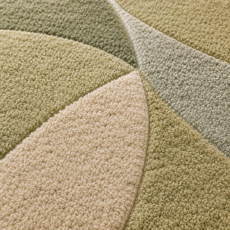 May include: Close-up of a textured rug with a geometric design. The rug features a pattern of curved and angular shapes in shades of green and beige, creating a soft, inviting texture. The design is abstract and modern.