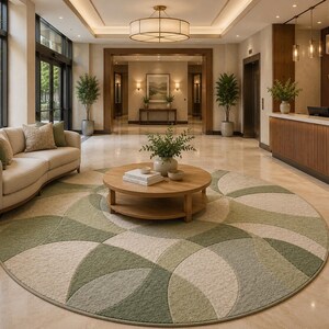 May include: A hotel lobby with a curved beige sofa, a round wooden coffee table, and a large circular rug with green and beige geometric patterns. The reception desk has a "WELCOME" sign.